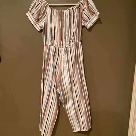 Hint Of Blush Striped Romper Jumpsuit Size Large Wide Leg Cropped - Picture 5 of 11